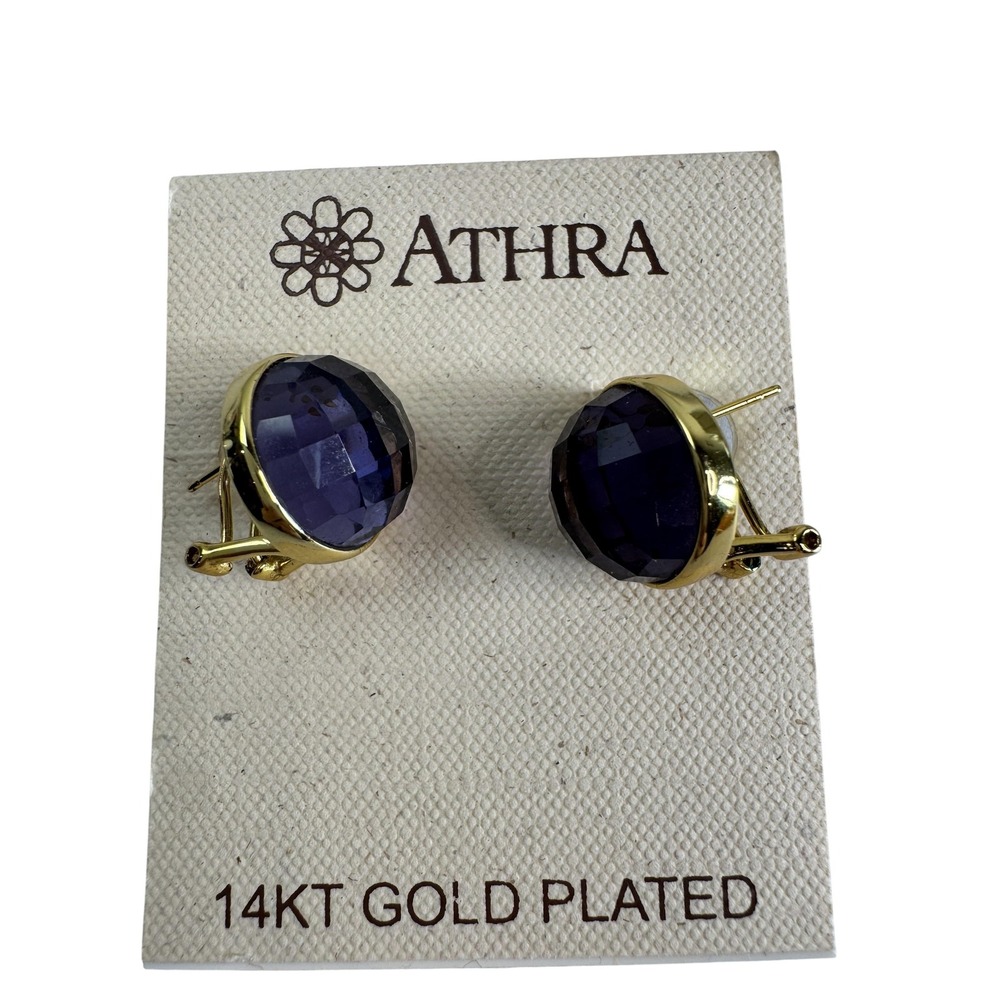 Athra Earrings Purple Resin Round Lever 14KT Gold Plated Designer Bridge New